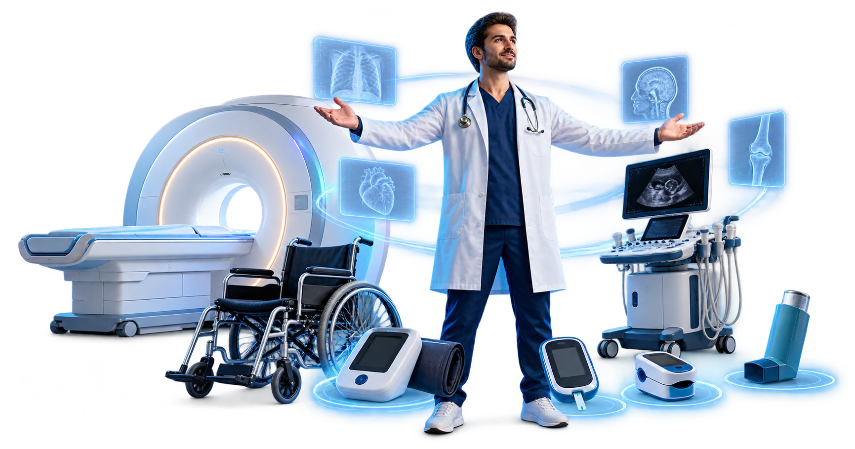 A doctor presenting a range of medical devices, including an MRI scanner, wheelchair, ultrasound system, glucose meter, and inhaler